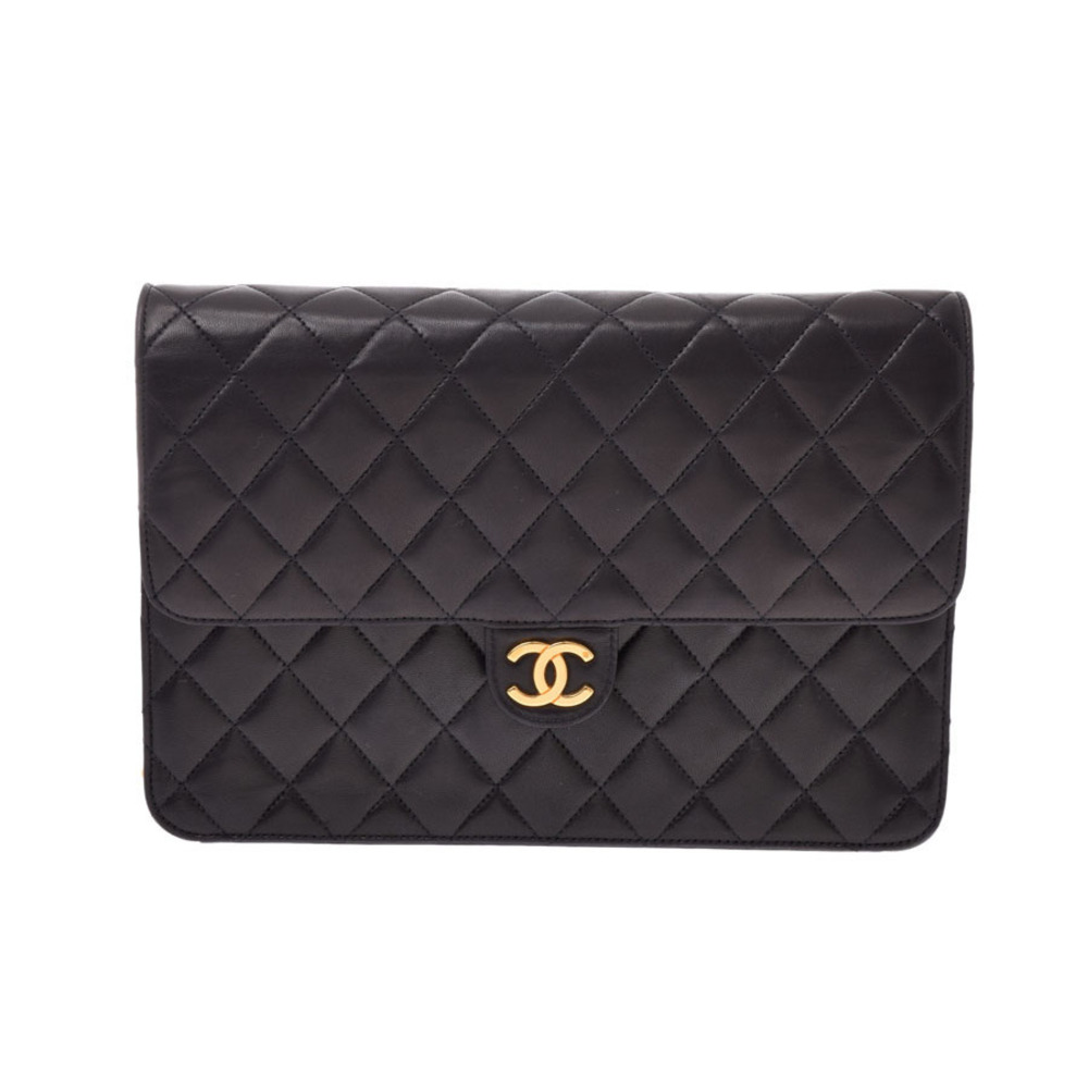 Chanel Matelasse Chain Shoulder Bag Push Lock Black GG Lambskin